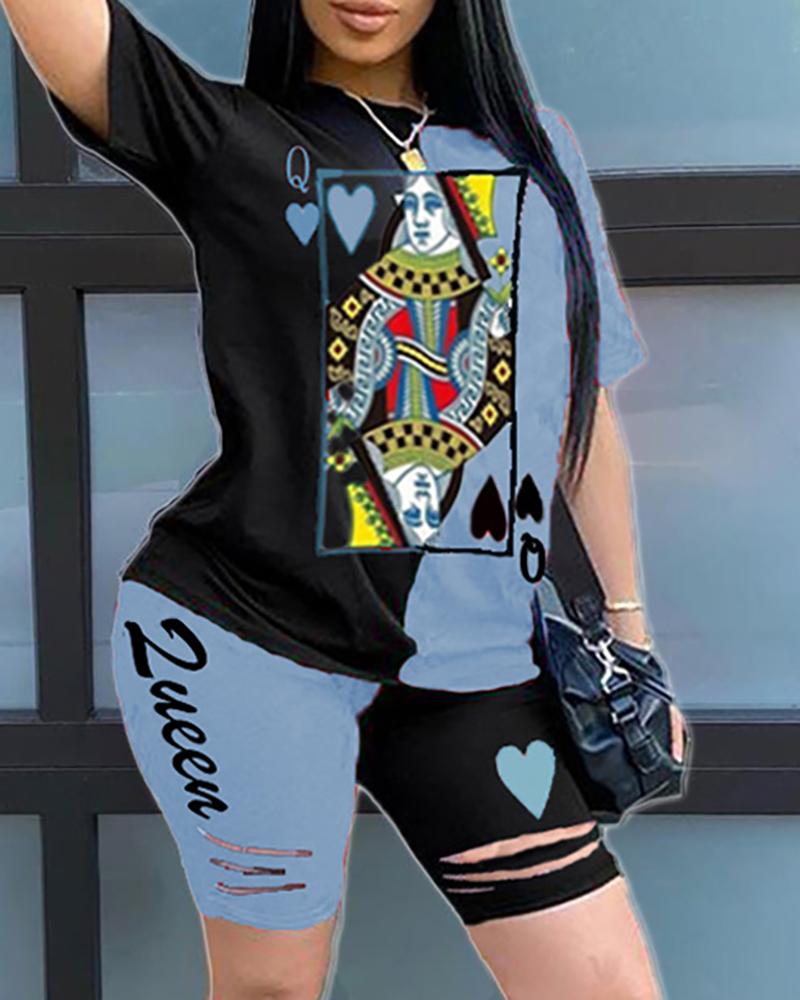

Poker Print Colorblock Women Top & Shorts Set, Black