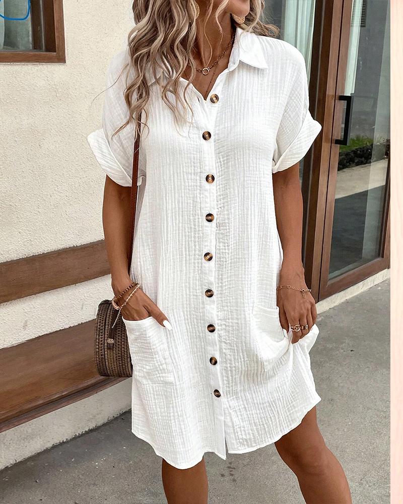 

Robe décontractée à manches courtes et col rabattu avec boutons et poche, White