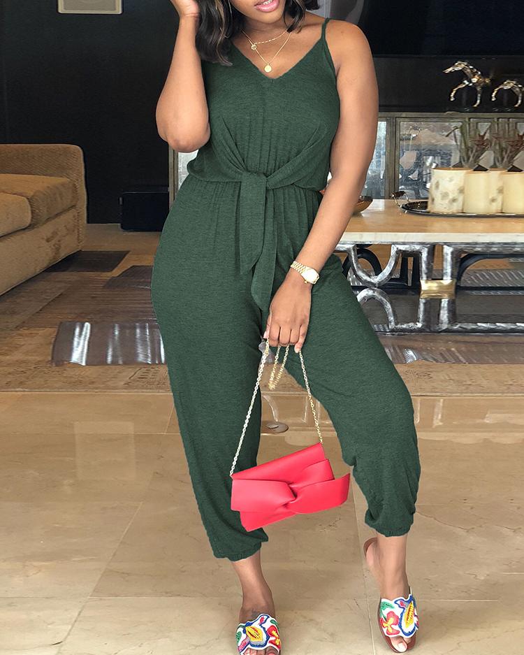 

Spaghetti Strap Knotted Casual Jumpsuit, Army green