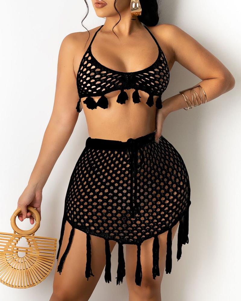 

Halter Backless Knit Tassel Design Cover Up Set, Black