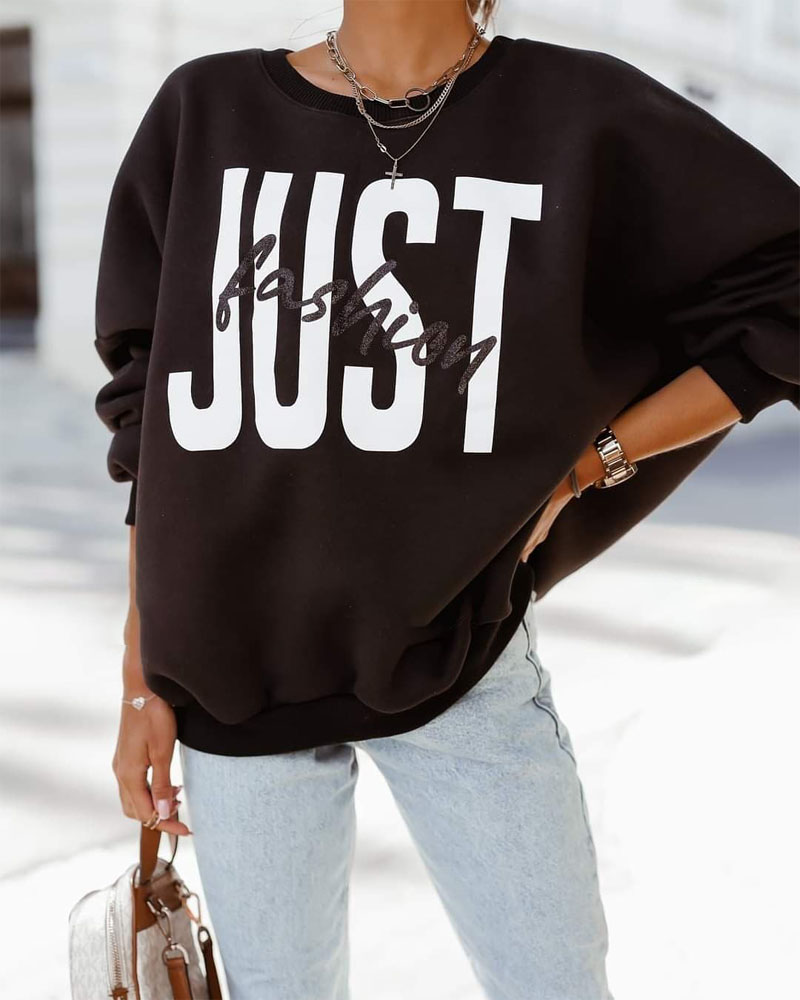

Letter Print Long Sleeve Sweatshirt, Black