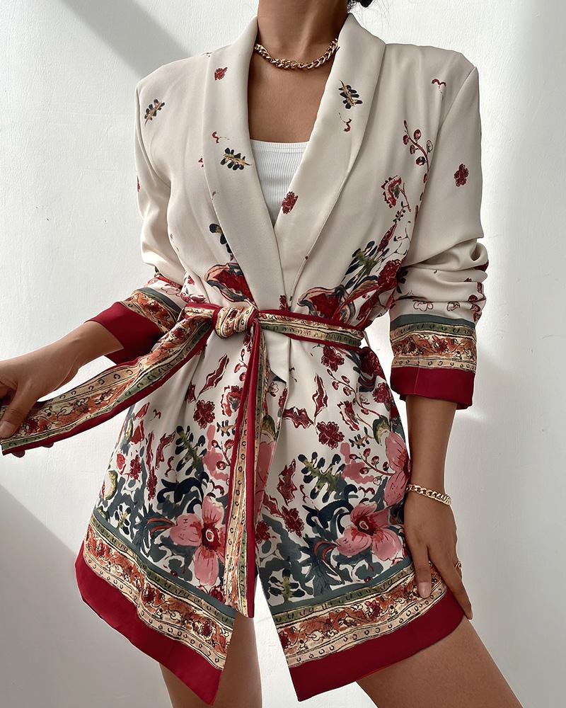 

Floral Print Long Sleeve Belted Blazer, Multicolor