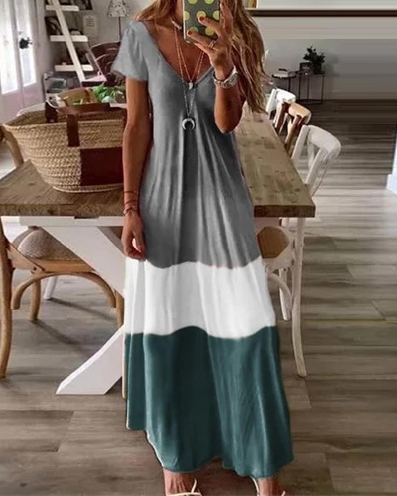 

V-Neck Short Sleeve Colorblock Maxi Dress, Gray