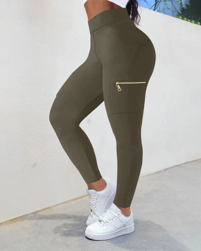 

Pantalones de yoga ajustados con bolsillos y cremallera, pantalones de entrenamiento casuales de cintura alta, Army green