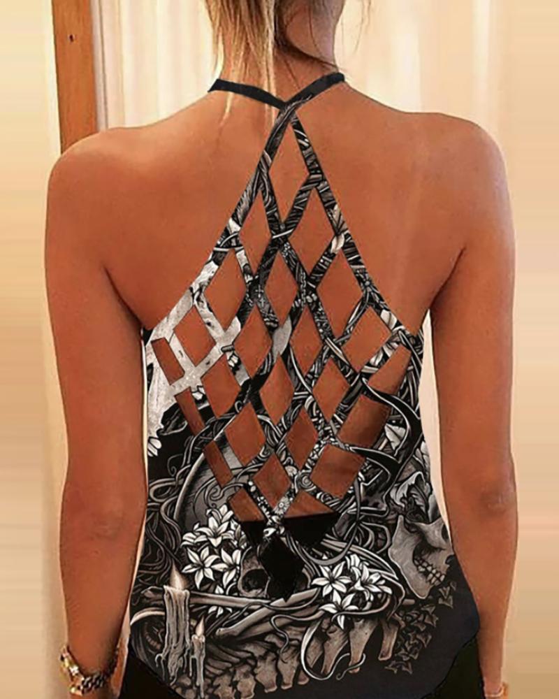 

Sleeveless Skull Graphic Print Backless Top, Black