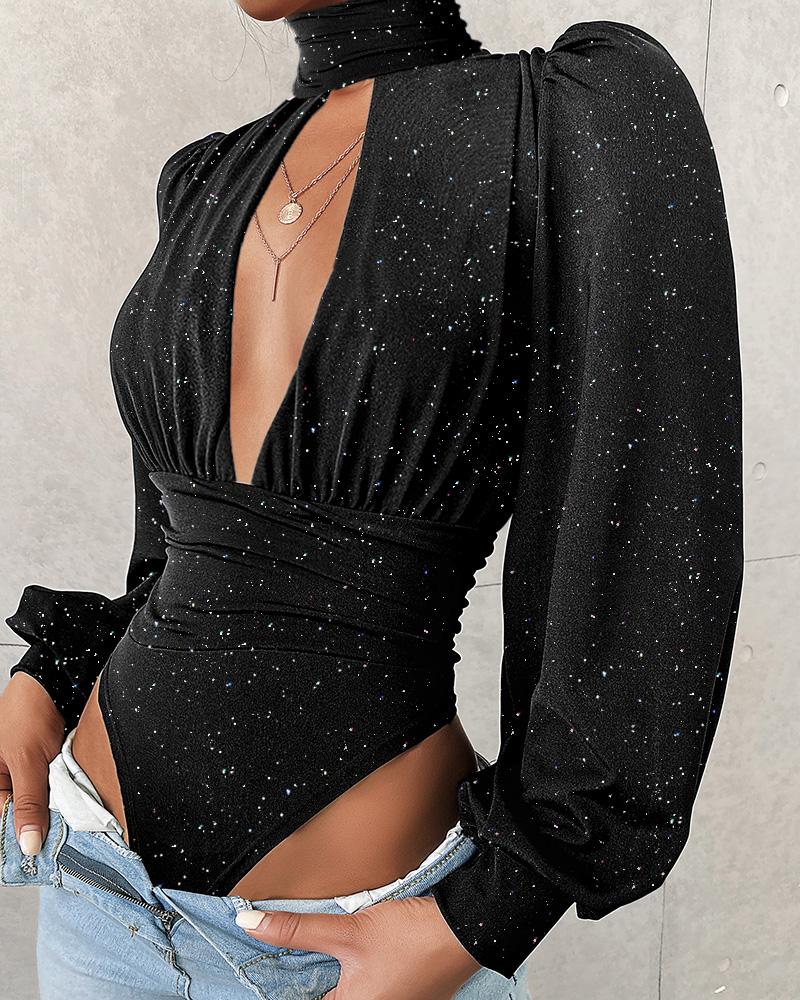 

Glitter Cutout Puff Sleeve Ruched Bodysuit, Black