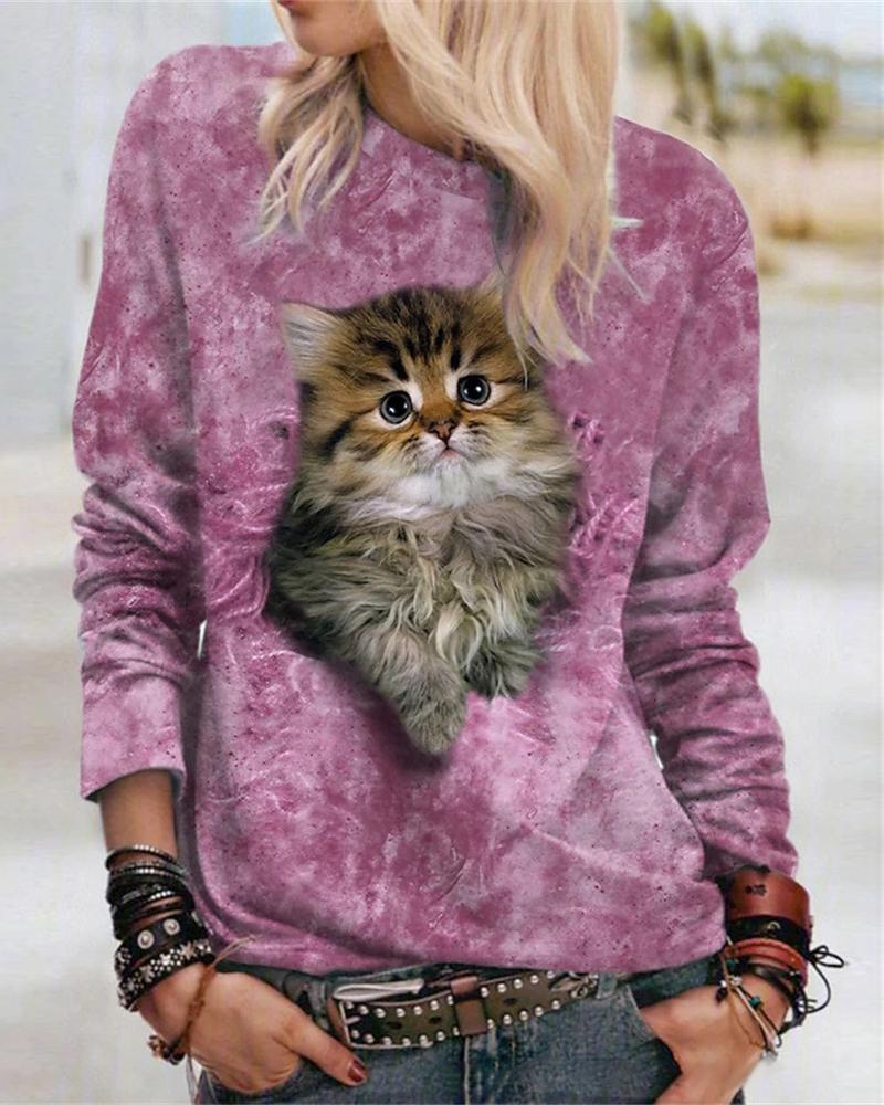 

Cute 3D Cat Print Long Sleeve Casual Top, Pink