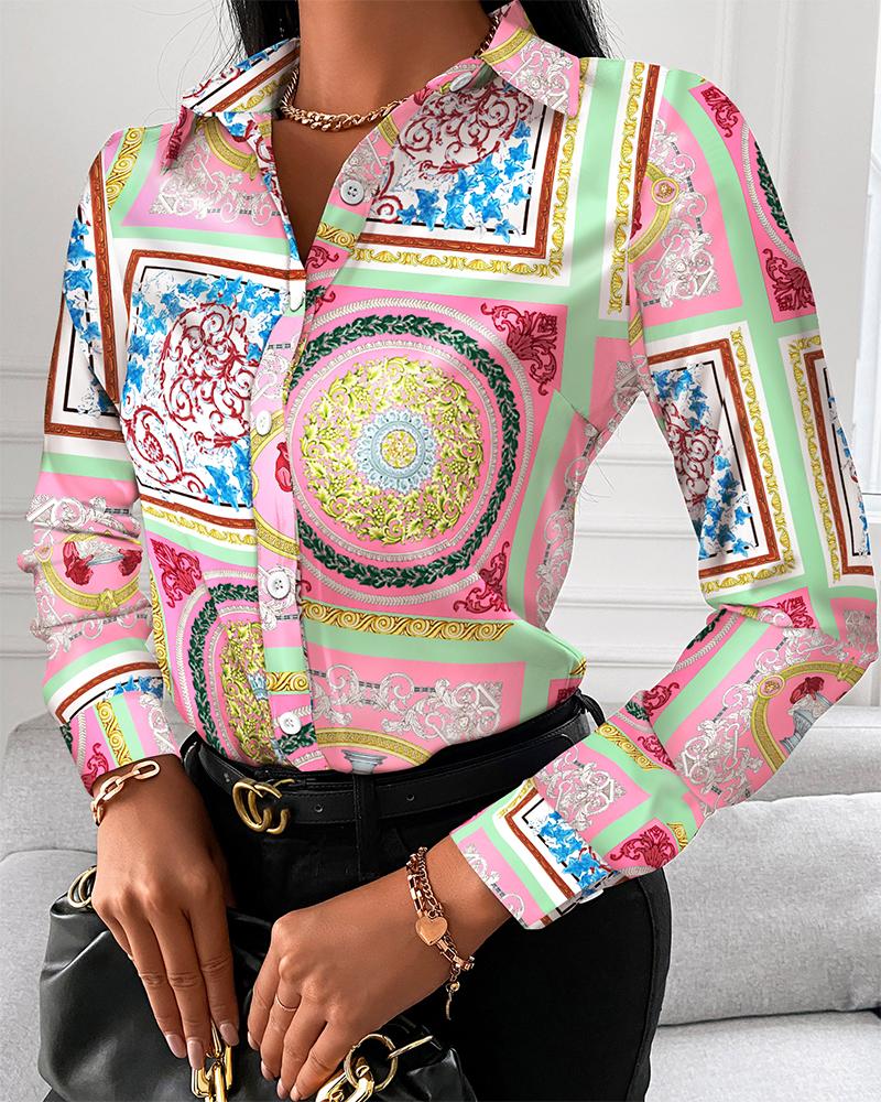 

Scarf Print Button Up Long Sleeve Shirt, Multicolor