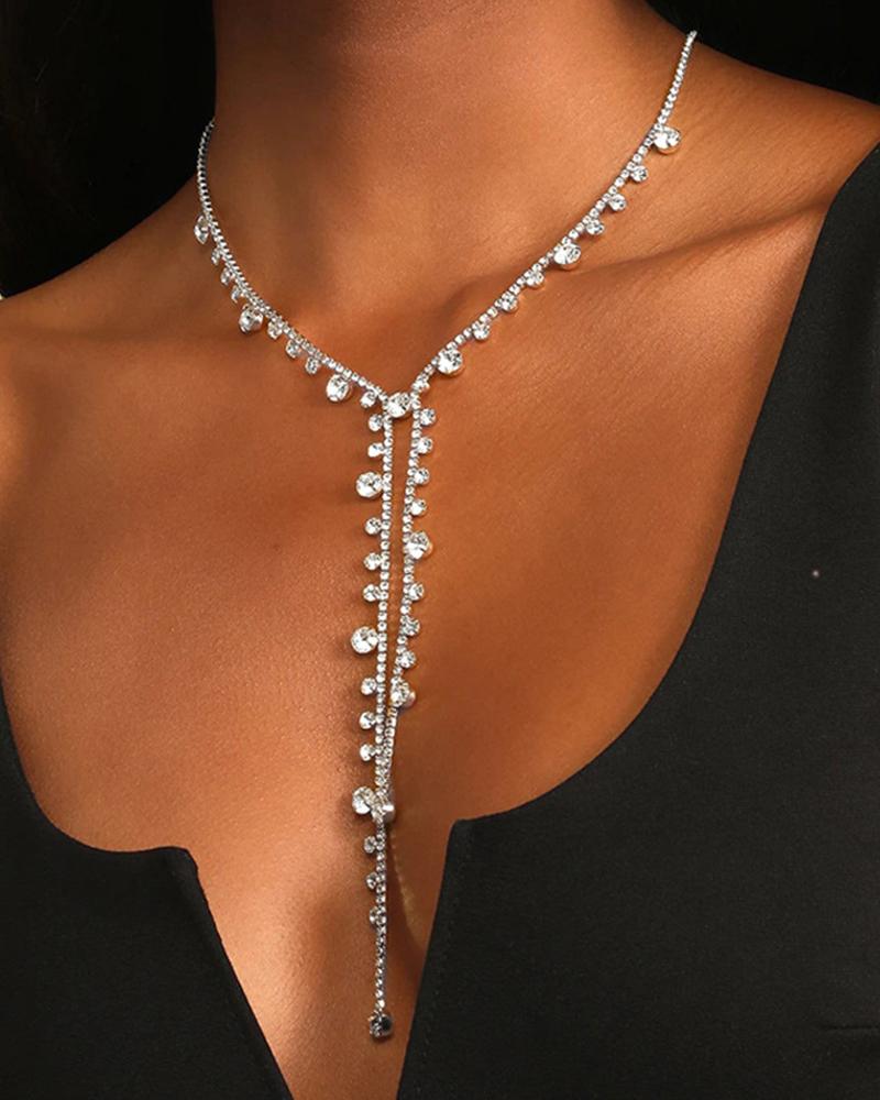 

Rhinestone Tassel Design Chain Necklace, Silver