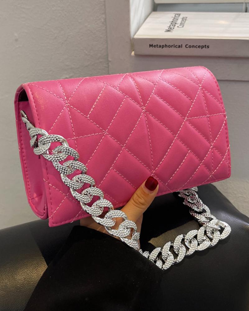 

Quilted Rhinestone Chain Strap Shoulder Bag, Hot pink