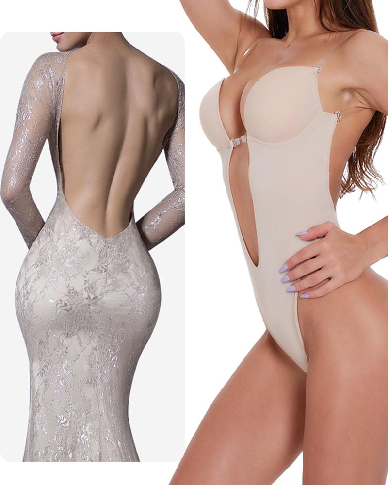 

Solid Open Back Clear Strap Bodysuit Body Thong Shaper, Nude