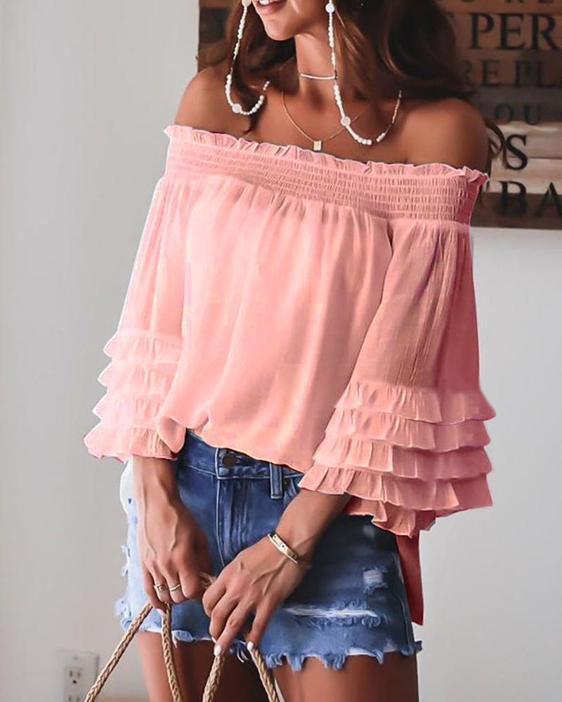 

Solid Off Shoulder Shirred Frill Trim Layered Bell Sleeve Top, Pink