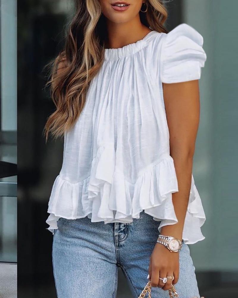 

Puff Sleeve Ruffle Hem Ruched Top, White