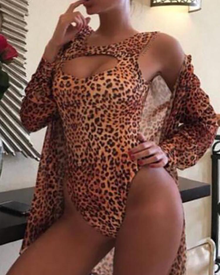 

Leopard Print Cut Out One-Piece Swimsuit, Brown