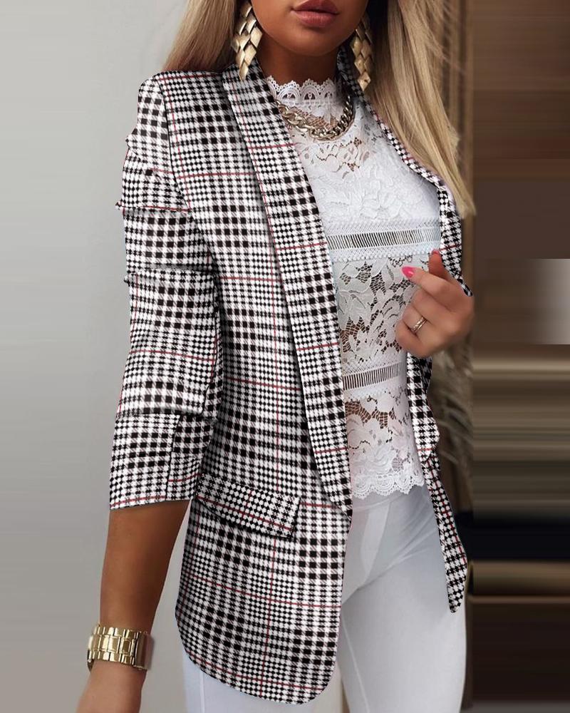 

Plaid Print Pocket Decor Blazer Coat, Black