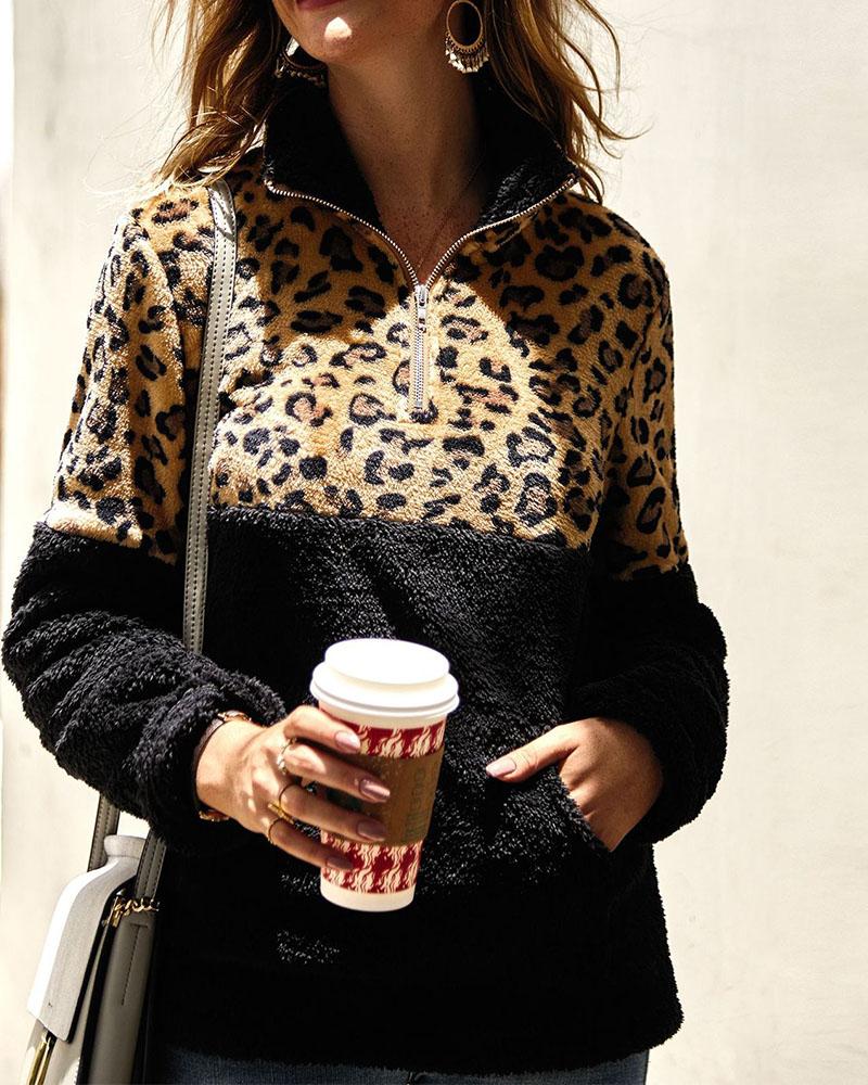 

Cheetah Print Zipper Design Colorblock Teddy Coat, Black