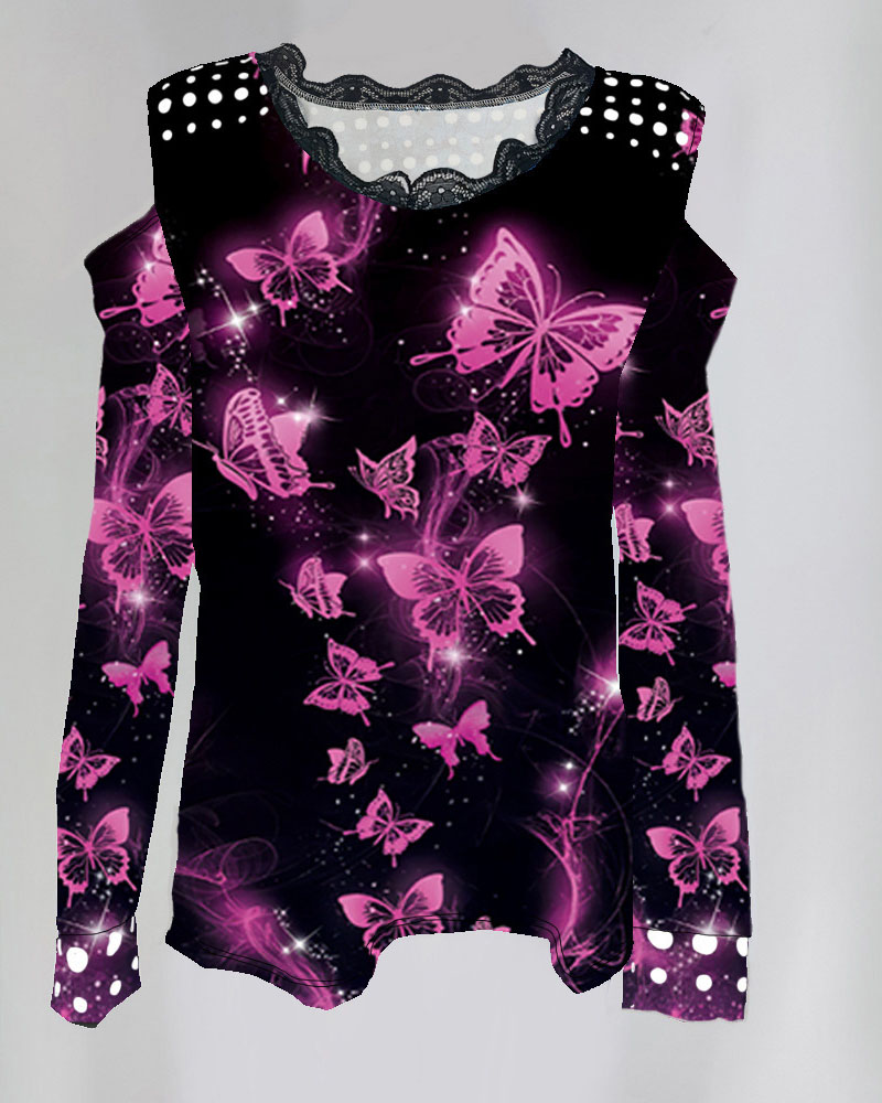 

Butterfly Print Lace Trim Cold Shoulder Top, Purple