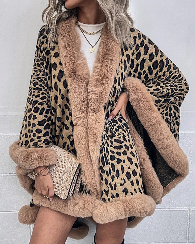 

Cheetah Print Fuzzy Trim Knit Poncho Cardigan, Leopard