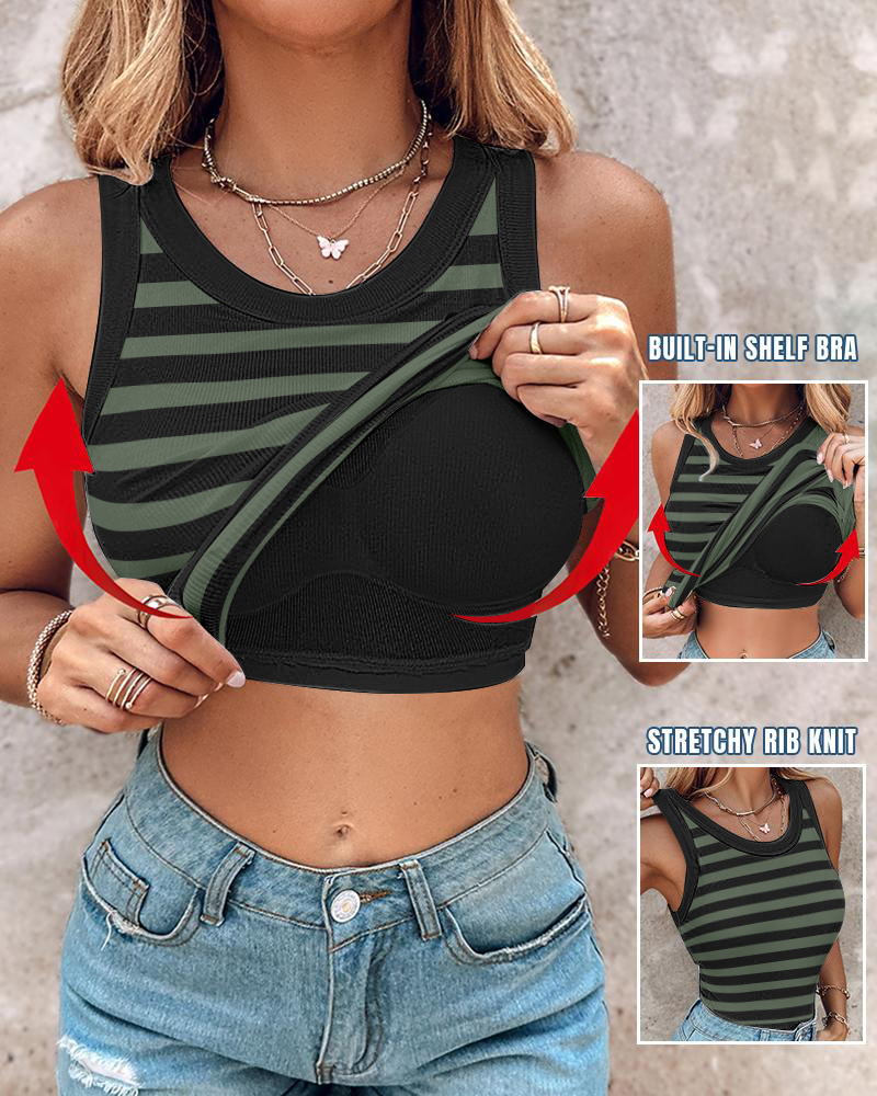 

ChicMe Built-in Bra Striped Round Neck Bra Ribbed Tank Top, Army green