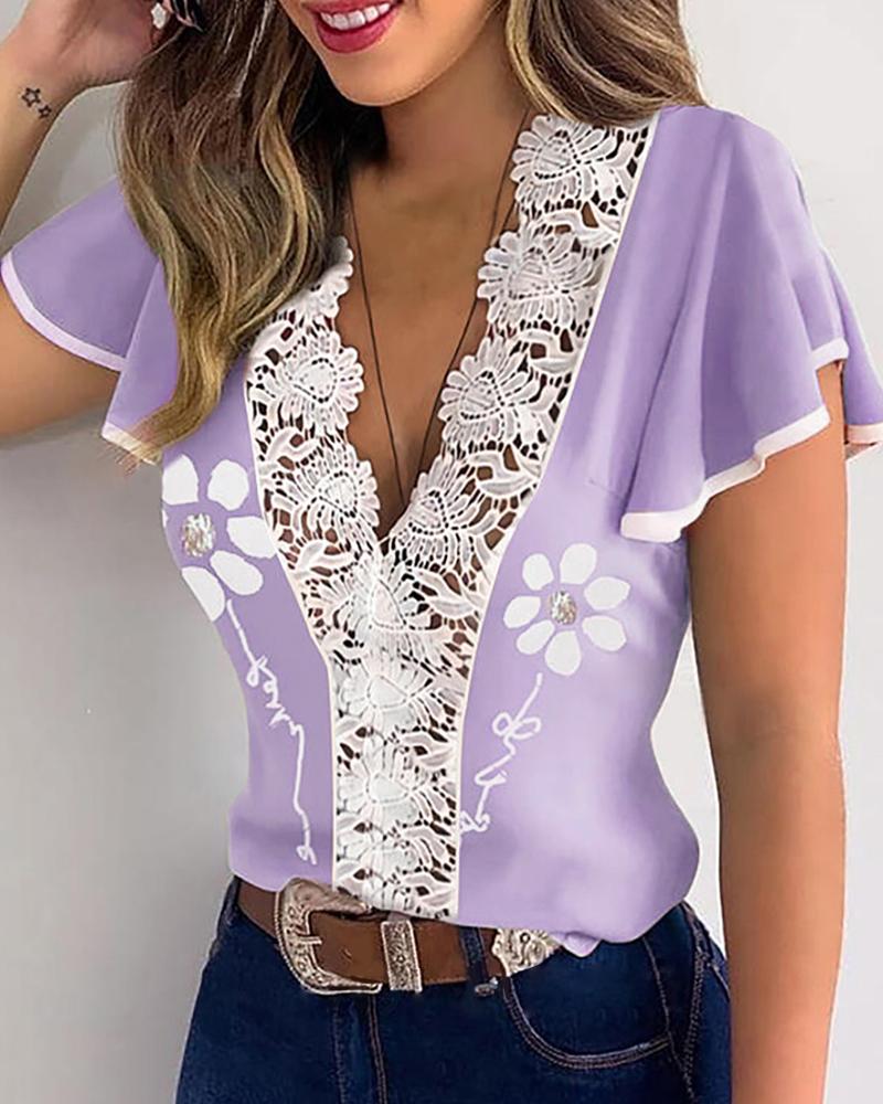 

Ruffles Hem Contrast Lace Trim Top, Purple