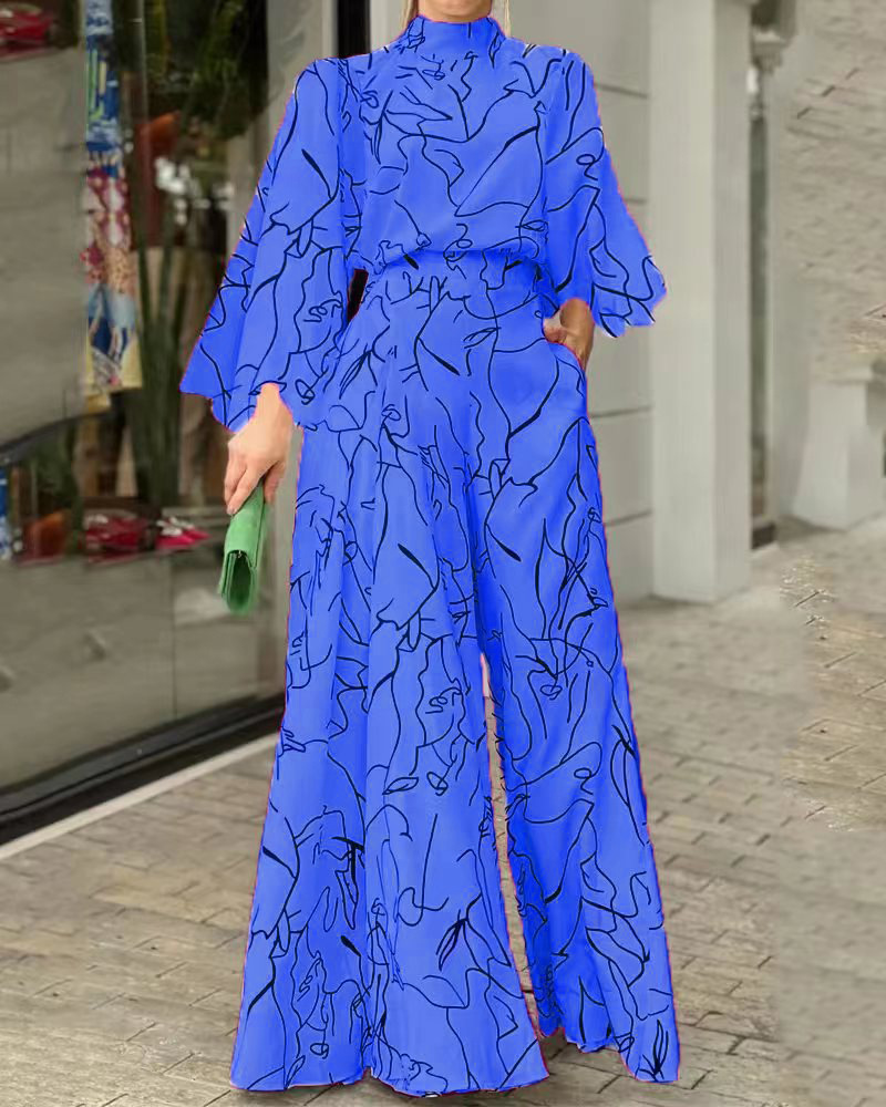 

Abstract Figure Print Long Sleeve Wide Leg Jumpsuit, Blue