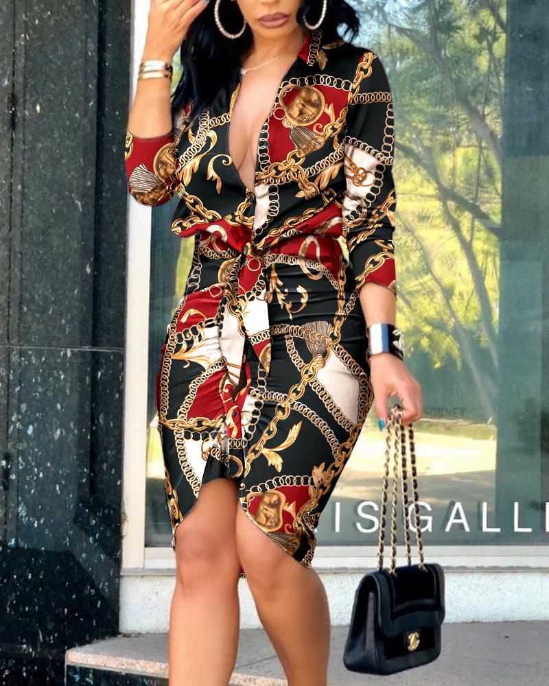 

Lace Up Scarf Chain Print Long Sleeve Shirt Dress, Multicolor