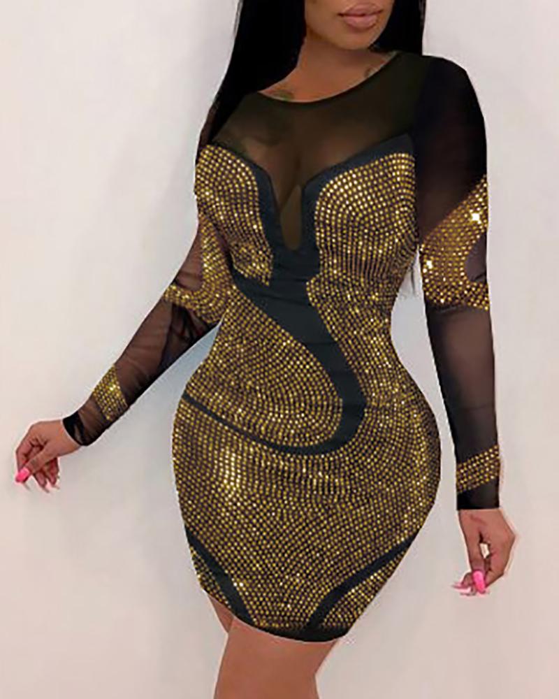 

Rhinestone Decor Long Sleeve Sheer Mesh Bodycon Dress, Gold