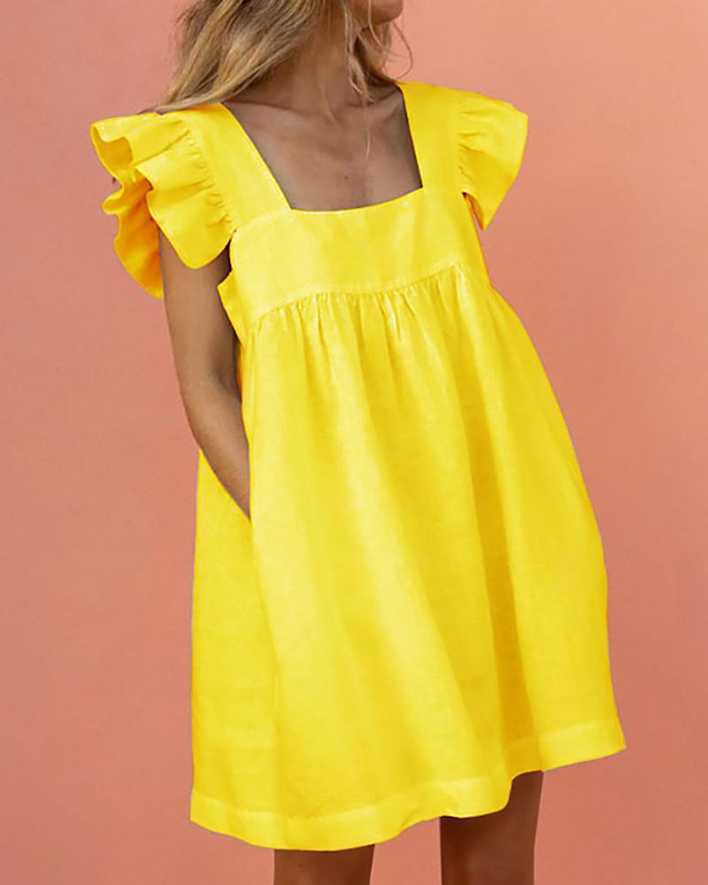 

Flutter Sleeve Square Neck Casual Dress, Yellow