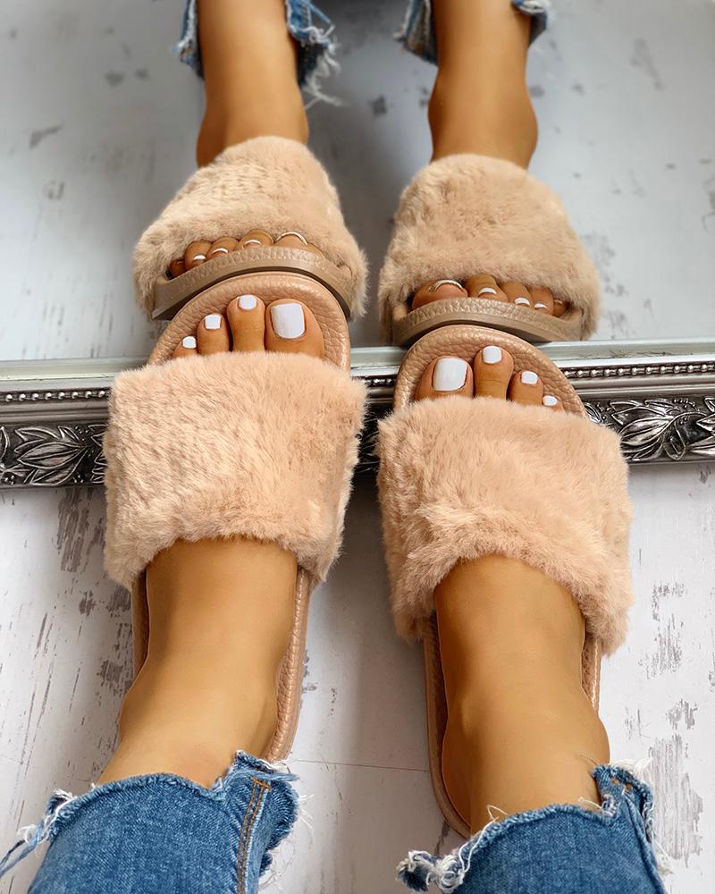 

Open Toe Fluffy Flat Sandals, Khaki