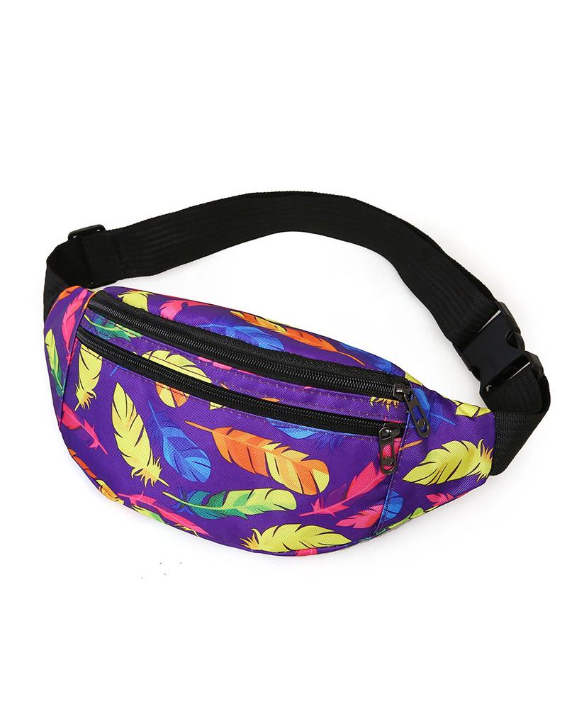 

Feather Print Zipper Design Phone Waist Fanny Pack, Style7