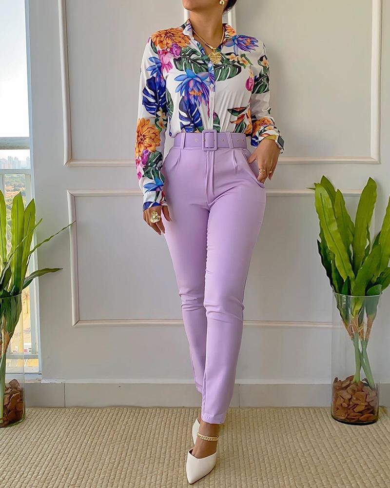 

Tropical Print Buttoned Shirt & High Waist Pants Set, White