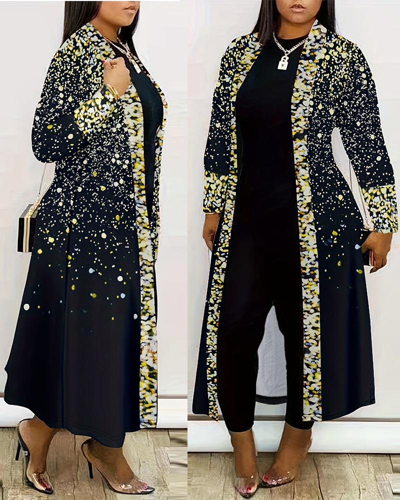 

Plus Size Print Open Front Longline Coat, Black
