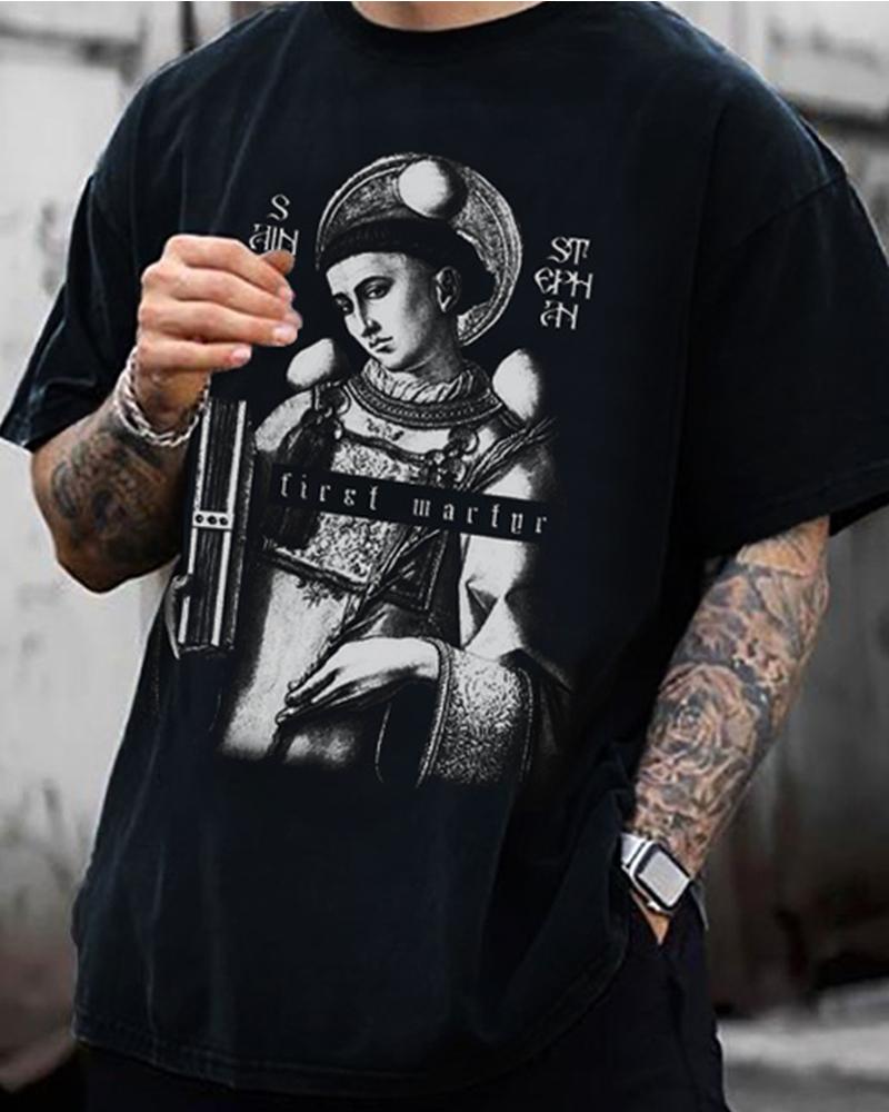 

3D Figure Print Short Sleeve Loose T-shirts, Black