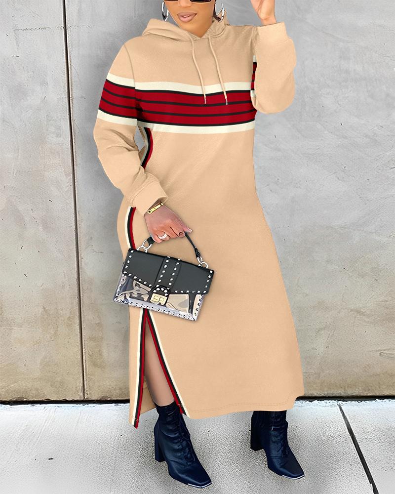 

Plus Size Striped Colorblock Slit Hooded Sweatshirt Dress, Khaki