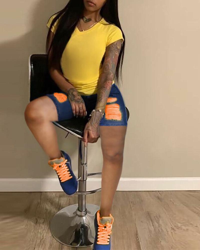

Denim Colorblock Ripped Cutout Casual Shorts, Orange