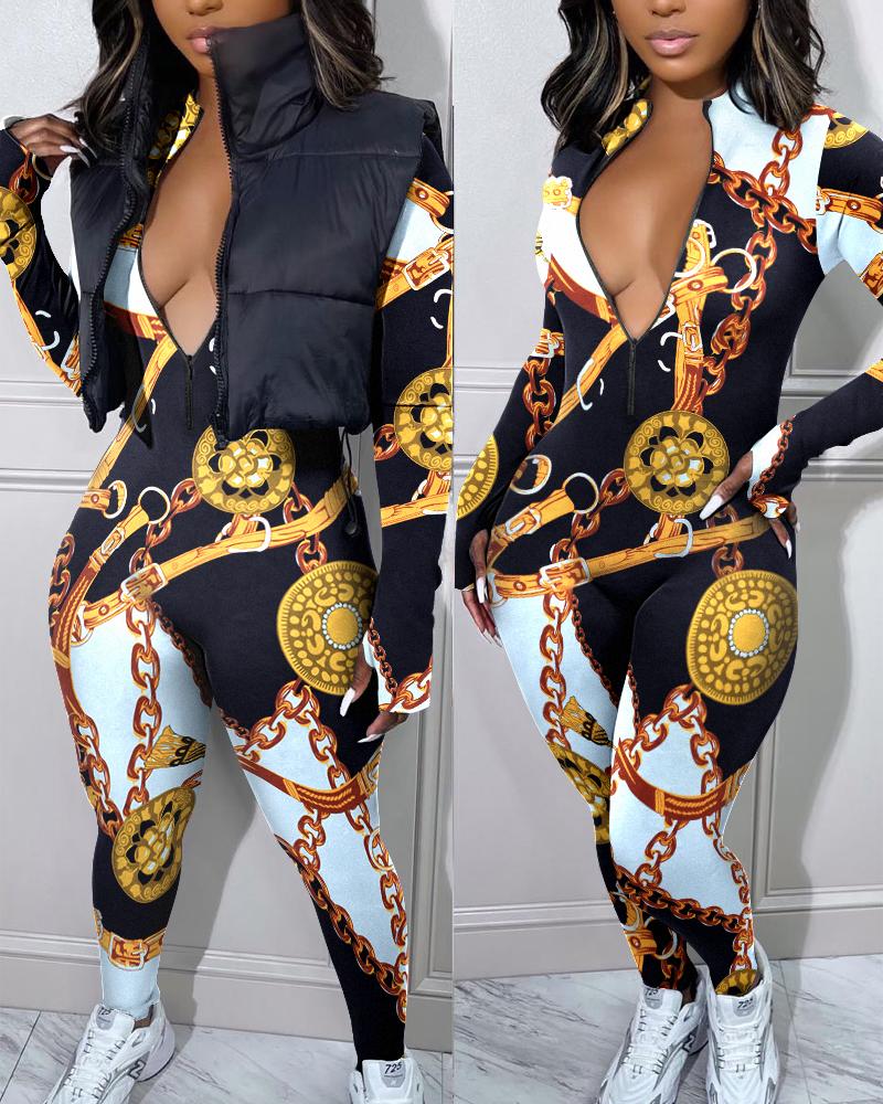 

Scarf Chain Print Long Sleeve Zipper Front Jumpsuit, Multicolor