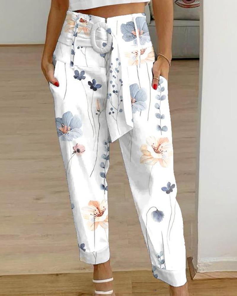 

Floral Print High Waist Belted Pocket Design Pants, White