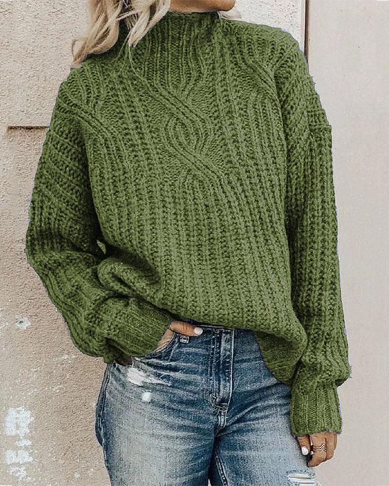 

Long Sleeve Chunky Cable Knit High Neck Sweater, Green