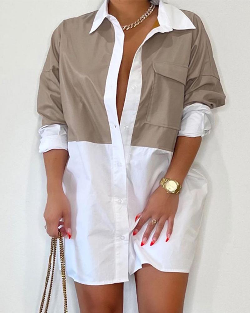 

Contrast PU Leather Colorblock Shirt Dress, Apricot