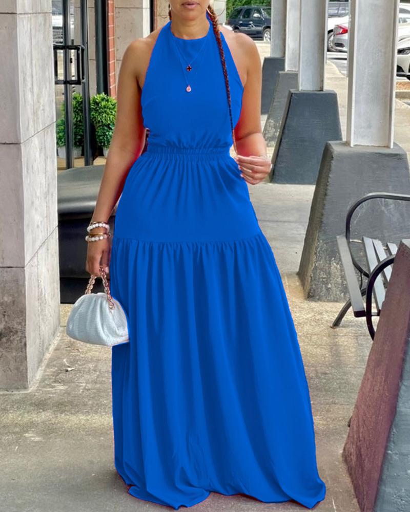 

Plain Halter Backless Maxi Dress, Blue