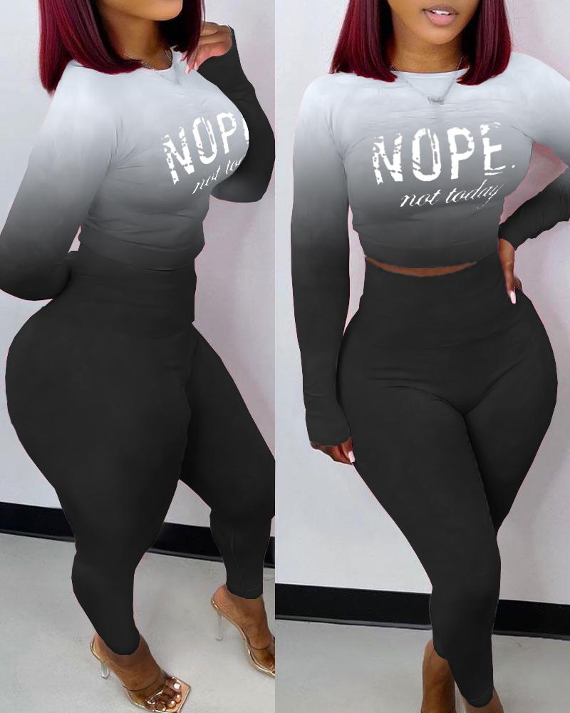 

Letter Print Ombre Long Sleeve Top & Pants Set, Black