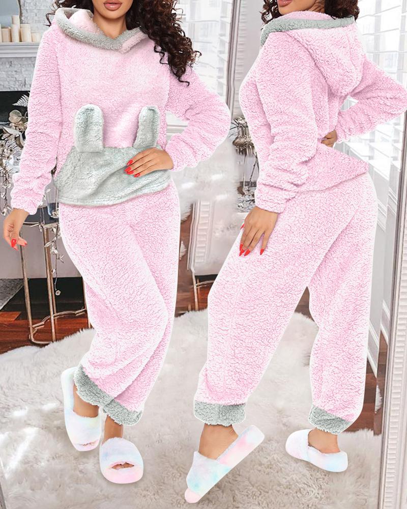 

Contrast Paneled Hooded Fluffy Pajamas Set, Pink