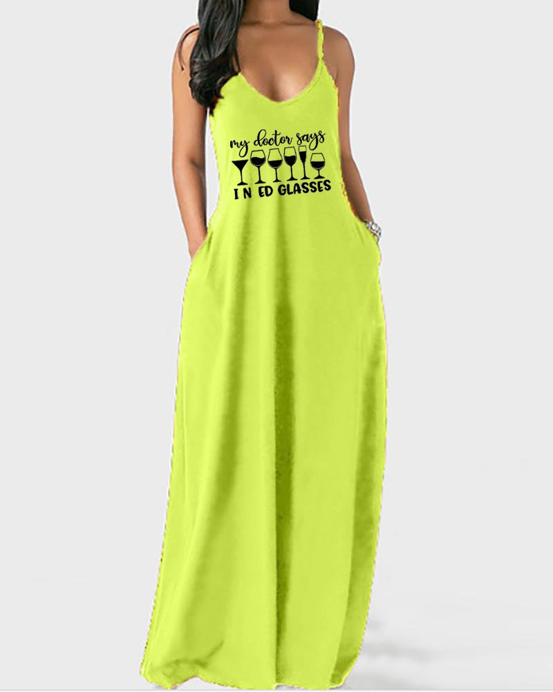 

Letter Wine Glass Print Spaghetti Strap Maxi Dress, Green