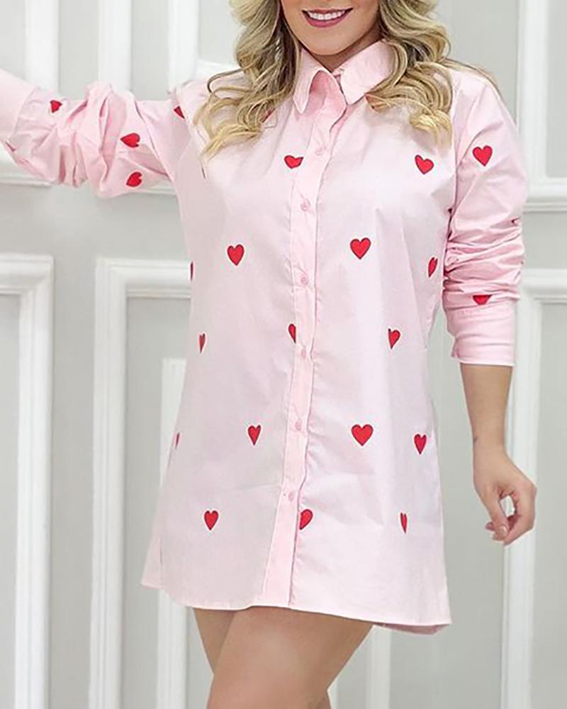

Heart Print Button Design Long Sleeve Shirt Dress, Pink