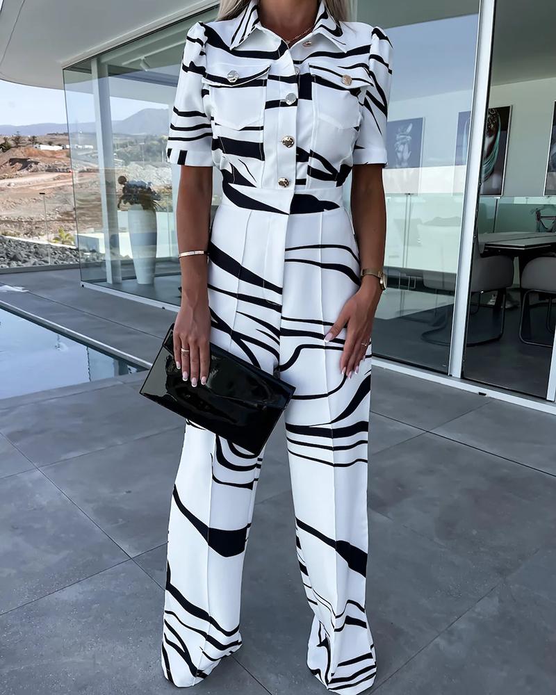 

Abstract Print Buttoned Shirt & Pants Set, White