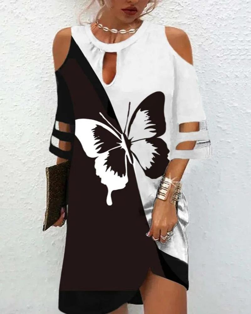 

Colorblock Butterfly Print Cold Shoulder Casual Dress, Black