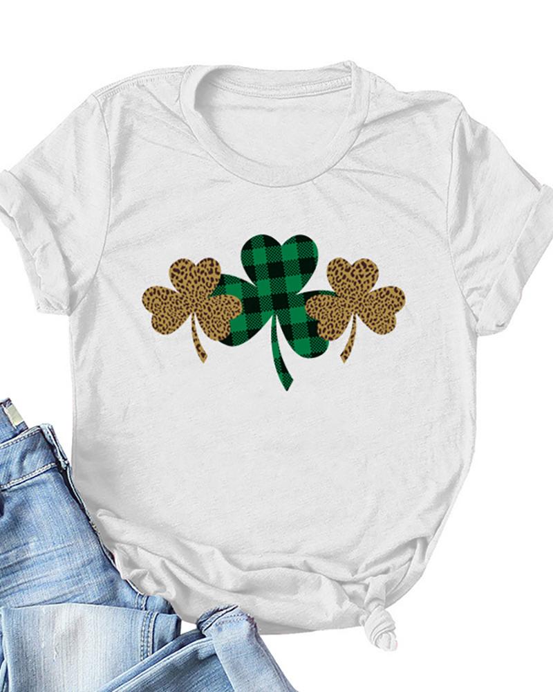 

St.Patrick' Day Clover Print Round Neck T-Shirt, White