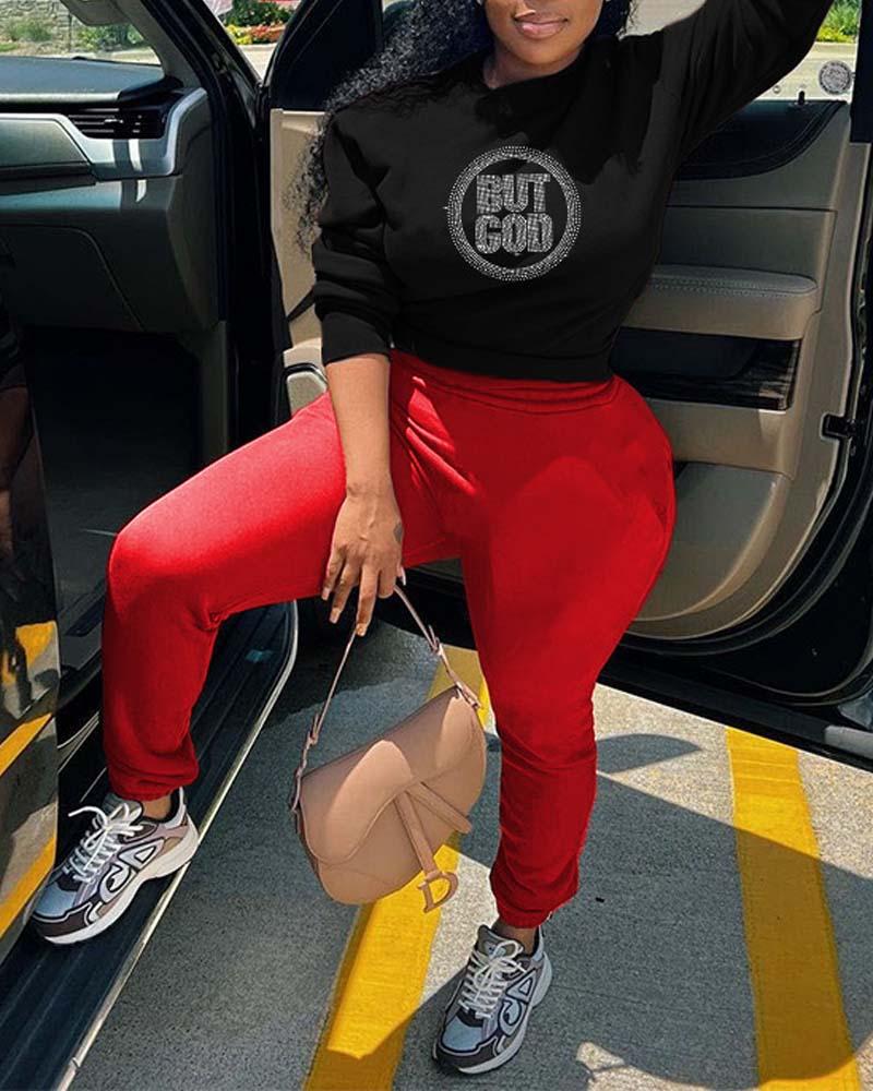 

Plus Size Rhinestone Letter Pattern Casual Top & Pants Set, Red