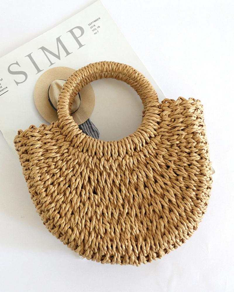 

Straw Braided Round Beach Handle Handbag, Khaki