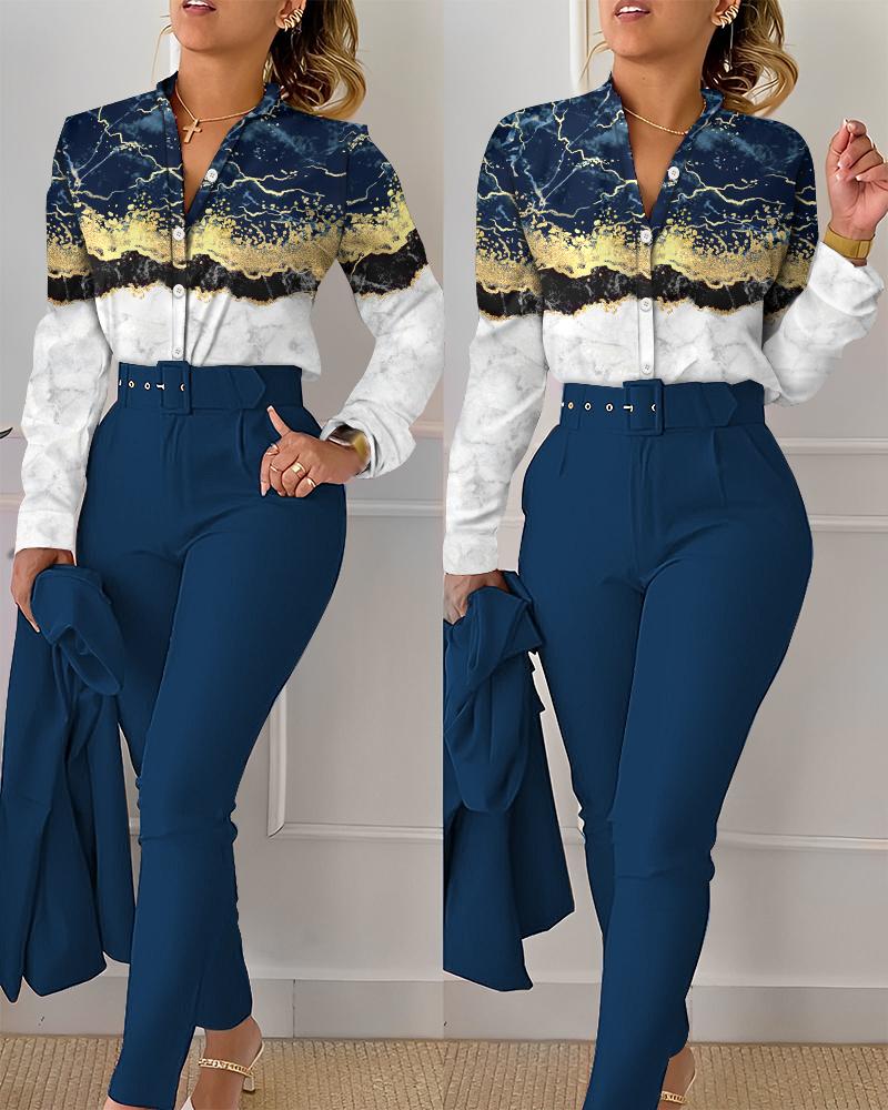 

Marble Print Shirt & High Waist Pants Set, Blue